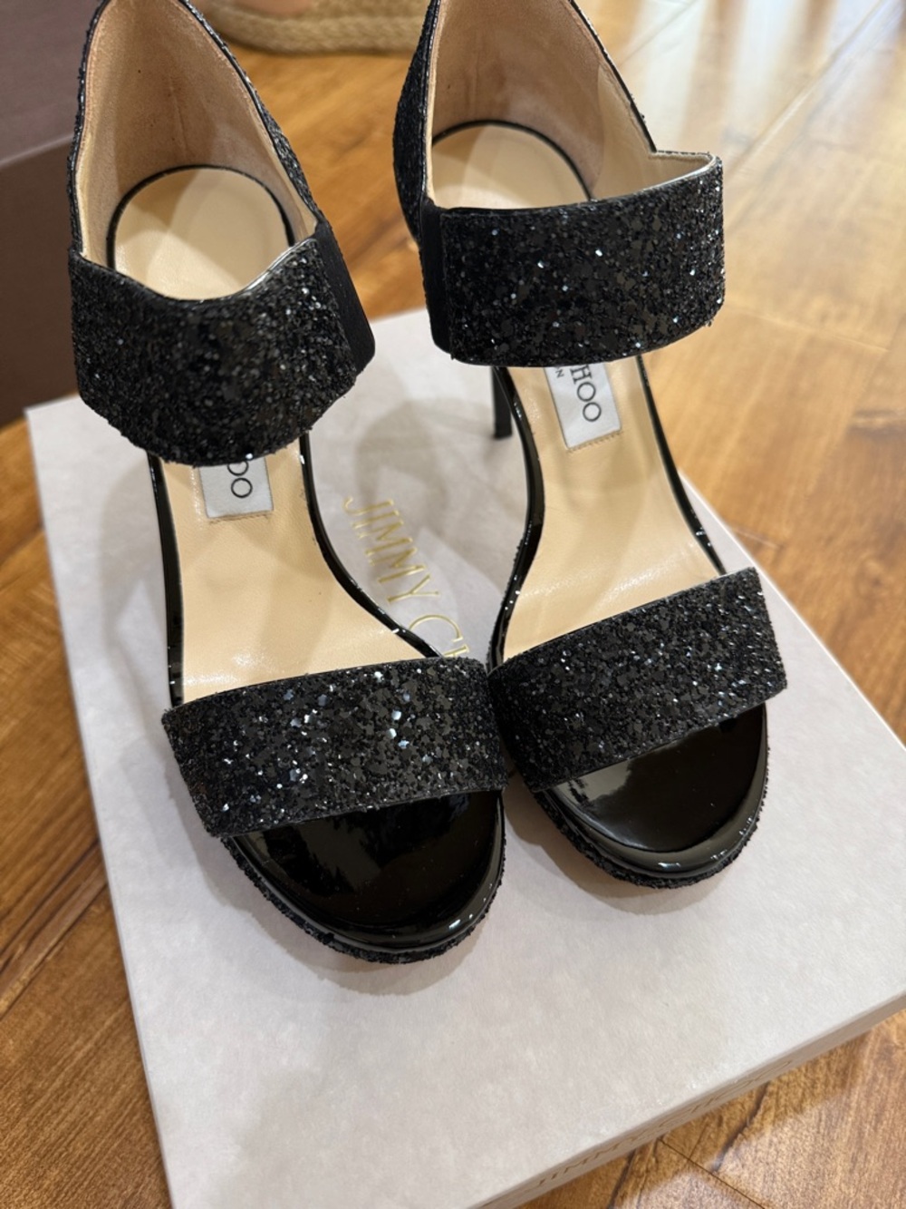 Jimmy Choo Black Glitter Strap Platform Heels